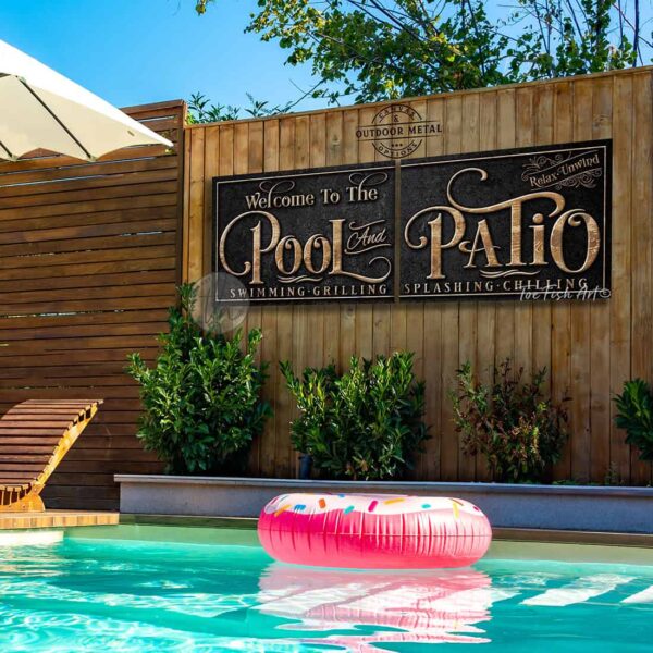 Toe Fish Art's personalized, custom 'Pool and Patio' sign 2-piece set, featuring a classy vintage slate black design with knotty woodgrain style lettering. Available in framed canvas or outdoor waterproof metal, this large-sized sign adds a unique touch to your outdoor space, perfect for showcasing your family name, special message, and popular sayings. This special 2-piece set is huge! – Available in large sizes starting at 10 feet wide! Toe Fish Art's artisan-made outdoor waterproof metal wall decor, expertly made with American-sourced materials. This premium, handcrafted 2-piece set can be customized to fit your style. Built to last with genuine craftsmanship, this lux decor adds high-end cottagecore charm and heritage quality to any space. Made in the USA with durable, authentic materials for a beautiful and meaningful display to last year after year. Modern Farmhouse Cottagecore wall decor handcrafted in durable high-quality outdoor weatherproof solid aluminum metal, handmade in the USA from start to finish! Beautiful, stylish and timeless wall decor artwork. Handcrafted in the USA by ToeFishArt, and built to last a lifetime by the Toe Fish Art family artisans. This beautiful original artwork adds unique eye-catching decor indoors or outdoors. Perfect for your patio, lanai, deck, veranda, or backyard oasis. This special outdoor decoration is a beautiful reminder of outdoor living. Original, custom, personalized wall decor signs. Canvas, Wood or Metal. Rustic modern farmhouse, cottagecore, vintage, retro, industrial, Americana, primitive, country, coastal, minimalist. Toe Fish Art is a USA small family woman owned business making beautiful decor since 1997.