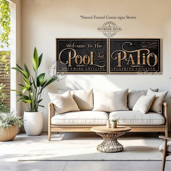 Toe Fish Art's personalized, custom 'Pool and Patio' sign 2-piece set, featuring a classy vintage slate black design with knotty woodgrain style lettering. Available in framed canvas or outdoor waterproof metal, this large-sized sign adds a unique touch to your outdoor space, perfect for showcasing your family name, special message, and popular sayings. This special 2-piece set is huge! – Available in large sizes starting at 10 feet wide! Toe Fish Art's artisan-made outdoor waterproof metal wall decor, expertly made with American-sourced materials. This premium, handcrafted 2-piece set can be customized to fit your style. Built to last with genuine craftsmanship, this lux decor adds high-end cottagecore charm and heritage quality to any space. Made in the USA with durable, authentic materials for a beautiful and meaningful display to last year after year. Modern Farmhouse Cottagecore wall decor handcrafted in durable high-quality outdoor weatherproof solid aluminum metal, handmade in the USA from start to finish! Beautiful, stylish and timeless wall decor artwork. Handcrafted in the USA by ToeFishArt, and built to last a lifetime by the Toe Fish Art family artisans. This beautiful original artwork adds unique eye-catching decor indoors or outdoors. Perfect for your patio, lanai, deck, veranda, or backyard oasis. This special outdoor decoration is a beautiful reminder of outdoor living. Original, custom, personalized wall decor signs. Canvas, Wood or Metal. Rustic modern farmhouse, cottagecore, vintage, retro, industrial, Americana, primitive, country, coastal, minimalist. Toe Fish Art is a USA small family woman owned business making beautiful decor since 1997.