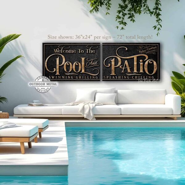 Toe Fish Art's personalized, custom 'Pool and Patio' sign 2-piece set, featuring a classy vintage slate black design with knotty woodgrain style lettering. Available in framed canvas or outdoor waterproof metal, this large-sized sign adds a unique touch to your outdoor space, perfect for showcasing your family name, special message, and popular sayings. This special 2-piece set is huge! – Available in large sizes starting at 10 feet wide! Toe Fish Art's artisan-made outdoor waterproof metal wall decor, expertly made with American-sourced materials. This premium, handcrafted 2-piece set can be customized to fit your style. Built to last with genuine craftsmanship, this lux decor adds high-end cottagecore charm and heritage quality to any space. Made in the USA with durable, authentic materials for a beautiful and meaningful display to last year after year. Modern Farmhouse Cottagecore wall decor handcrafted in durable high-quality outdoor weatherproof solid aluminum metal, handmade in the USA from start to finish! Beautiful, stylish and timeless wall decor artwork. Handcrafted in the USA by ToeFishArt, and built to last a lifetime by the Toe Fish Art family artisans. This beautiful original artwork adds unique eye-catching decor indoors or outdoors. Perfect for your patio, lanai, deck, veranda, or backyard oasis. This special outdoor decoration is a beautiful reminder of outdoor living. Original, custom, personalized wall decor signs. Canvas, Wood or Metal. Rustic modern farmhouse, cottagecore, vintage, retro, industrial, Americana, primitive, country, coastal, minimalist. Toe Fish Art is a USA small family woman owned business making beautiful decor since 1997.