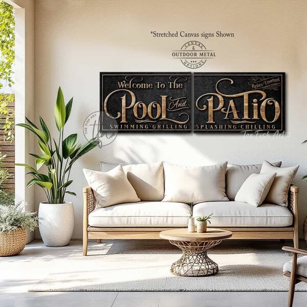 Toe Fish Art's personalized, custom 'Pool and Patio' sign 2-piece set, featuring a classy vintage slate black design with knotty woodgrain style lettering. Available in framed canvas or outdoor waterproof metal, this large-sized sign adds a unique touch to your outdoor space, perfect for showcasing your family name, special message, and popular sayings. This special 2-piece set is huge! – Available in large sizes starting at 10 feet wide! Toe Fish Art's artisan-made outdoor waterproof metal wall decor, expertly made with American-sourced materials. This premium, handcrafted 2-piece set can be customized to fit your style. Built to last with genuine craftsmanship, this lux decor adds high-end cottagecore charm and heritage quality to any space. Made in the USA with durable, authentic materials for a beautiful and meaningful display to last year after year. Modern Farmhouse Cottagecore wall decor handcrafted in durable high-quality outdoor weatherproof solid aluminum metal, handmade in the USA from start to finish! Beautiful, stylish and timeless wall decor artwork. Handcrafted in the USA by ToeFishArt, and built to last a lifetime by the Toe Fish Art family artisans. This beautiful original artwork adds unique eye-catching decor indoors or outdoors. Perfect for your patio, lanai, deck, veranda, or backyard oasis. This special outdoor decoration is a beautiful reminder of outdoor living. Original, custom, personalized wall decor signs. Canvas, Wood or Metal. Rustic modern farmhouse, cottagecore, vintage, retro, industrial, Americana, primitive, country, coastal, minimalist. Toe Fish Art is a USA small family woman owned business making beautiful decor since 1997.