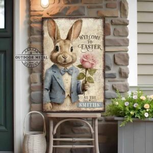 Toe Fish Art vintage-style 'Welcome to Easter' vertical entryway porch greeter sign, personalized with family name or other phrase. Features worn rustic white background and powder blue accents, with dark charcoal gray lettering and charming vintage bunny rabbit wearing a powder blue and white tuxedo holding a pink rose hand-drawn sketched artwork. Available in framed canvas or durable outdoor metal, perfect for porches, entryways, gardens, patios or outdoor walkways. Toe Fish Art's artisan-made framed canvas or outdoor waterproof metal wall decor, expertly made with American-sourced materials. This premium, handcrafted piece can be customized to fit your style. Built to last with genuine craftsmanship, this nostalgic, heirloom decor adds rustic charm and heritage quality to any space. Made in the USA with durable, authentic materials for a beautiful and meaningful display to last year after year. Rustic country charm meets Modern Farmhouse Cottagecore wall decor handcrafted in durable high-quality framed canvas or outdoor weatherproof solid aluminum metal, handmade in the USA from start to finish! Beautiful, stylish and timeless wall decor artwork. Handcrafted in the USA by ToeFishArt, and built to last a lifetime by the Toe Fish Art family artisans. This beautiful original artwork adds unique eye-catching decor indoors or outdoors. Add instant outdoor holiday curb appeal to your home! Perfect for your porch, entryway, foyer, patio, lanai, deck, garden, veranda, kitchen or dining room. This special holiday decoration is a beautiful reminder of spring celebrations and renewal. Original, custom, personalized wall decor signs. Canvas, Wood or Metal. Rustic modern farmhouse, cottagecore, vintage, retro, industrial, Americana, primitive, country, coastal, minimalist. Toe Fish Art is a USA small family woman owned business making beautiful decor since 1997.