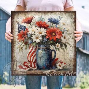 Toe Fish Art's vintage-inspired 4th of July patriotic wall art painting featuring a beautiful antique blue mason jar filled with red, white, and blue flowers blooming, with patriotic accents, surrounded by the American flag, perfect for Memorial Day, Independence Day, Summer, and Veterans Day decorations. This square-shaped wall art displays a charming cottage farmhouse style, perfect for enhancing your American pride USA themed decor. This artwork is available in framed canvas or outdoor metal, perfect for porch, entryway, garden, kitchen, guest bedroom, patio and living room decorations. Makes a charming fireplace mantel or hearth shelf sitter! Nostalgic and festive with a vintage country cottagecore style. Toe Fish Art's artisan-made framed canvas or outdoor waterproof metal wall decor, expertly made with All-American-sourced materials. This premium, handcrafted piece can be customized to fit your style. Built to last with genuine craftsmanship, this nostalgic, heirloom decor adds rustic charm and heritage quality to any space. Made in the USA with durable, authentic materials for a beautiful and meaningful display to last year after year. Rustic country charm meets Modern Farmhouse Cottagecore wall decor handcrafted in durable high-quality framed canvas or outdoor weatherproof solid aluminum metal, handmade in the USA from start to finish! Beautiful, stylish and timeless wall decor artwork. Handcrafted in the USA by ToeFishArt, and built to last a lifetime by the Toe Fish Art family artisans. This beautiful original artwork adds unique eye-catching decor indoors or outdoors. Add instant outdoor holiday curb appeal to your home! This special summer holiday decoration is a beautiful reminder of summer fun and relaxation. Original, custom, personalized wall decor signs. Canvas, Wood or Metal. Rustic modern farmhouse, cottagecore, vintage, retro, industrial, Americana, primitive, country, coastal, minimalist. Toe Fish Art is a USA small family woman owned business making beautiful decor since 1997.