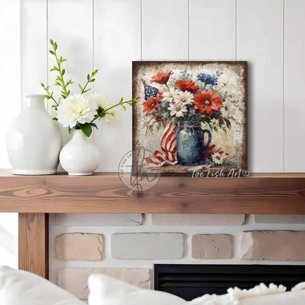 Toe Fish Art's vintage-inspired 4th of July patriotic wall art painting featuring a beautiful antique blue mason jar filled with red, white, and blue flowers blooming, with patriotic accents, surrounded by the American flag, perfect for Memorial Day, Independence Day, Summer, and Veterans Day decorations. This square-shaped wall art displays a charming cottage farmhouse style, perfect for enhancing your American pride USA themed decor. This artwork is available in framed canvas or outdoor metal, perfect for porch, entryway, garden, kitchen, guest bedroom, patio and living room decorations. Makes a charming fireplace mantel or hearth shelf sitter! Nostalgic and festive with a vintage country cottagecore style. Toe Fish Art's artisan-made framed canvas or outdoor waterproof metal wall decor, expertly made with All-American-sourced materials. This premium, handcrafted piece can be customized to fit your style. Built to last with genuine craftsmanship, this nostalgic, heirloom decor adds rustic charm and heritage quality to any space. Made in the USA with durable, authentic materials for a beautiful and meaningful display to last year after year. Rustic country charm meets Modern Farmhouse Cottagecore wall decor handcrafted in durable high-quality framed canvas or outdoor weatherproof solid aluminum metal, handmade in the USA from start to finish! Beautiful, stylish and timeless wall decor artwork. Handcrafted in the USA by ToeFishArt, and built to last a lifetime by the Toe Fish Art family artisans. This beautiful original artwork adds unique eye-catching decor indoors or outdoors. Add instant outdoor holiday curb appeal to your home! This special summer holiday decoration is a beautiful reminder of summer fun and relaxation. Original, custom, personalized wall decor signs. Canvas, Wood or Metal. Rustic modern farmhouse, cottagecore, vintage, retro, industrial, Americana, primitive, country, coastal, minimalist. Toe Fish Art is a USA small family woman owned business making beautiful decor since 1997.