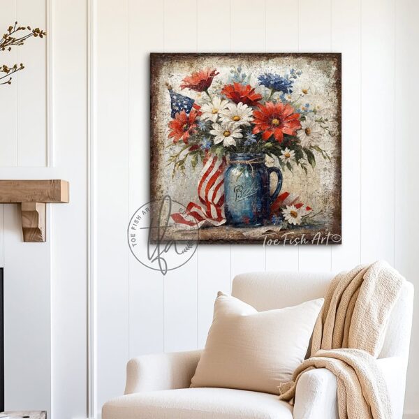 Toe Fish Art's vintage-inspired 4th of July patriotic wall art painting featuring a beautiful antique blue mason jar filled with red, white, and blue flowers blooming, with patriotic accents, surrounded by the American flag, perfect for Memorial Day, Independence Day, Summer, and Veterans Day decorations. This square-shaped wall art displays a charming cottage farmhouse style, perfect for enhancing your American pride USA themed decor. This artwork is available in framed canvas or outdoor metal, perfect for porch, entryway, garden, kitchen, guest bedroom, patio and living room decorations. Makes a charming fireplace mantel or hearth shelf sitter! Nostalgic and festive with a vintage country cottagecore style. Toe Fish Art's artisan-made framed canvas or outdoor waterproof metal wall decor, expertly made with All-American-sourced materials. This premium, handcrafted piece can be customized to fit your style. Built to last with genuine craftsmanship, this nostalgic, heirloom decor adds rustic charm and heritage quality to any space. Made in the USA with durable, authentic materials for a beautiful and meaningful display to last year after year. Rustic country charm meets Modern Farmhouse Cottagecore wall decor handcrafted in durable high-quality framed canvas or outdoor weatherproof solid aluminum metal, handmade in the USA from start to finish! Beautiful, stylish and timeless wall decor artwork. Handcrafted in the USA by ToeFishArt, and built to last a lifetime by the Toe Fish Art family artisans. This beautiful original artwork adds unique eye-catching decor indoors or outdoors. Add instant outdoor holiday curb appeal to your home! This special summer holiday decoration is a beautiful reminder of summer fun and relaxation. Original, custom, personalized wall decor signs. Canvas, Wood or Metal. Rustic modern farmhouse, cottagecore, vintage, retro, industrial, Americana, primitive, country, coastal, minimalist. Toe Fish Art is a USA small family woman owned business making beautiful decor since 1997.