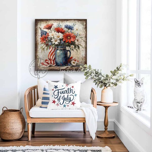 Toe Fish Art's vintage-inspired 4th of July patriotic wall art painting featuring a beautiful antique blue mason jar filled with red, white, and blue flowers blooming, with patriotic accents, surrounded by the American flag, perfect for Memorial Day, Independence Day, Summer, and Veterans Day decorations. This square-shaped wall art displays a charming cottage farmhouse style, perfect for enhancing your American pride USA themed decor. This artwork is available in framed canvas or outdoor metal, perfect for porch, entryway, garden, kitchen, guest bedroom, patio and living room decorations. Makes a charming fireplace mantel or hearth shelf sitter! Nostalgic and festive with a vintage country cottagecore style. Toe Fish Art's artisan-made framed canvas or outdoor waterproof metal wall decor, expertly made with All-American-sourced materials. This premium, handcrafted piece can be customized to fit your style. Built to last with genuine craftsmanship, this nostalgic, heirloom decor adds rustic charm and heritage quality to any space. Made in the USA with durable, authentic materials for a beautiful and meaningful display to last year after year. Rustic country charm meets Modern Farmhouse Cottagecore wall decor handcrafted in durable high-quality framed canvas or outdoor weatherproof solid aluminum metal, handmade in the USA from start to finish! Beautiful, stylish and timeless wall decor artwork. Handcrafted in the USA by ToeFishArt, and built to last a lifetime by the Toe Fish Art family artisans. This beautiful original artwork adds unique eye-catching decor indoors or outdoors. Add instant outdoor holiday curb appeal to your home! This special summer holiday decoration is a beautiful reminder of summer fun and relaxation. Original, custom, personalized wall decor signs. Canvas, Wood or Metal. Rustic modern farmhouse, cottagecore, vintage, retro, industrial, Americana, primitive, country, coastal, minimalist. Toe Fish Art is a USA small family woman owned business making beautiful decor since 1997.
