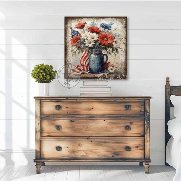 Toe Fish Art's vintage-inspired 4th of July patriotic wall art painting featuring a beautiful antique blue mason jar filled with red, white, and blue flowers blooming, with patriotic accents, surrounded by the American flag, perfect for Memorial Day, Independence Day, Summer, and Veterans Day decorations. This square-shaped wall art displays a charming cottage farmhouse style, perfect for enhancing your American pride USA themed decor. This artwork is available in framed canvas or outdoor metal, perfect for porch, entryway, garden, kitchen, guest bedroom, patio and living room decorations. Makes a charming fireplace mantel or hearth shelf sitter! Nostalgic and festive with a vintage country cottagecore style. Toe Fish Art's artisan-made framed canvas or outdoor waterproof metal wall decor, expertly made with All-American-sourced materials. This premium, handcrafted piece can be customized to fit your style. Built to last with genuine craftsmanship, this nostalgic, heirloom decor adds rustic charm and heritage quality to any space. Made in the USA with durable, authentic materials for a beautiful and meaningful display to last year after year. Rustic country charm meets Modern Farmhouse Cottagecore wall decor handcrafted in durable high-quality framed canvas or outdoor weatherproof solid aluminum metal, handmade in the USA from start to finish! Beautiful, stylish and timeless wall decor artwork. Handcrafted in the USA by ToeFishArt, and built to last a lifetime by the Toe Fish Art family artisans. This beautiful original artwork adds unique eye-catching decor indoors or outdoors. Add instant outdoor holiday curb appeal to your home! This special summer holiday decoration is a beautiful reminder of summer fun and relaxation. Original, custom, personalized wall decor signs. Canvas, Wood or Metal. Rustic modern farmhouse, cottagecore, vintage, retro, industrial, Americana, primitive, country, coastal, minimalist. Toe Fish Art is a USA small family woman owned business making beautiful decor since 1997.