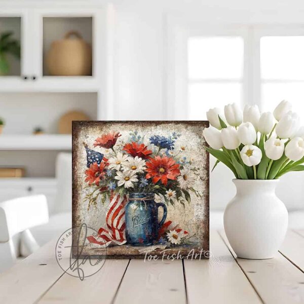 Toe Fish Art's vintage-inspired 4th of July patriotic wall art painting featuring a beautiful antique blue mason jar filled with red, white, and blue flowers blooming, with patriotic accents, surrounded by the American flag, perfect for Memorial Day, Independence Day, Summer, and Veterans Day decorations. This square-shaped wall art displays a charming cottage farmhouse style, perfect for enhancing your American pride USA themed decor. This artwork is available in framed canvas or outdoor metal, perfect for porch, entryway, garden, kitchen, guest bedroom, patio and living room decorations. Makes a charming fireplace mantel or hearth shelf sitter! Nostalgic and festive with a vintage country cottagecore style. Toe Fish Art's artisan-made framed canvas or outdoor waterproof metal wall decor, expertly made with All-American-sourced materials. This premium, handcrafted piece can be customized to fit your style. Built to last with genuine craftsmanship, this nostalgic, heirloom decor adds rustic charm and heritage quality to any space. Made in the USA with durable, authentic materials for a beautiful and meaningful display to last year after year. Rustic country charm meets Modern Farmhouse Cottagecore wall decor handcrafted in durable high-quality framed canvas or outdoor weatherproof solid aluminum metal, handmade in the USA from start to finish! Beautiful, stylish and timeless wall decor artwork. Handcrafted in the USA by ToeFishArt, and built to last a lifetime by the Toe Fish Art family artisans. This beautiful original artwork adds unique eye-catching decor indoors or outdoors. Add instant outdoor holiday curb appeal to your home! This special summer holiday decoration is a beautiful reminder of summer fun and relaxation. Original, custom, personalized wall decor signs. Canvas, Wood or Metal. Rustic modern farmhouse, cottagecore, vintage, retro, industrial, Americana, primitive, country, coastal, minimalist. Toe Fish Art is a USA small family woman owned business making beautiful decor since 1997.