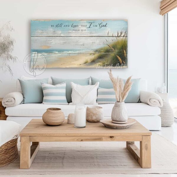 Toe Fish Art's "Be Still and Know that I am God" Christian Faith vintage-inspired painting wall art designed in worn reclaimed wood coastal beach style, depicting the powerful bible verse Psalm 46-10. Rustic country farmhouse meets nautical beach cottage style, handcrafted in durable high-quality canvas or outdoor weatherproof solid aluminum metal, handmade in the USA from start to finish! Beautiful, stylish and timeless coastal cottagecore wall decor painting. Handcrafted in the USA by ToeFishArt, and built to last a lifetime by the Toe Fish Art family artisans. This beautiful original landscape painting of soft aqua blue waves gently lapping the windswept sandy beach dotted with green and gold sea oats adds unique eye-catching decor indoors or outdoors. Add instant outdoor curb appeal to your beach themed home or vacation house! Perfect for your porch, entryway, patio, lanai, deck, veranda, living room, fireplace hearth or mantel, wall hanging or shelf sitter, dining room or bedroom. This painting is a beautiful and inspiring reminder of Christian faith and God's enduring love. Original, custom, personalized wall decor signs. Canvas, Wood or Metal. Rustic modern farmhouse, cottagecore, vintage, retro, industrial, Americana, primitive, country, coastal, minimalist. Toe Fish Art is a USA small family woman owned business making beautiful decor since 1997.