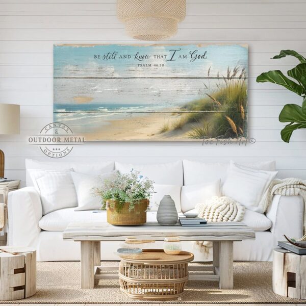 Toe Fish Art's "Be Still and Know that I am God" Christian Faith vintage-inspired painting wall art designed in worn reclaimed wood coastal beach style, depicting the powerful bible verse Psalm 46-10. Rustic country farmhouse meets nautical beach cottage style, handcrafted in durable high-quality canvas or outdoor weatherproof solid aluminum metal, handmade in the USA from start to finish! Beautiful, stylish and timeless coastal cottagecore wall decor painting. Handcrafted in the USA by ToeFishArt, and built to last a lifetime by the Toe Fish Art family artisans. This beautiful original landscape painting of soft aqua blue waves gently lapping the windswept sandy beach dotted with green and gold sea oats adds unique eye-catching decor indoors or outdoors. Add instant outdoor curb appeal to your beach themed home or vacation house! Perfect for your porch, entryway, patio, lanai, deck, veranda, living room, fireplace hearth or mantel, wall hanging or shelf sitter, dining room or bedroom. This painting is a beautiful and inspiring reminder of Christian faith and God's enduring love. Original, custom, personalized wall decor signs. Canvas, Wood or Metal. Rustic modern farmhouse, cottagecore, vintage, retro, industrial, Americana, primitive, country, coastal, minimalist. Toe Fish Art is a USA small family woman owned business making beautiful decor since 1997.