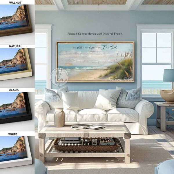 Toe Fish Art's "Be Still and Know that I am God" Christian Faith vintage-inspired painting wall art designed in worn reclaimed wood coastal beach style, depicting the powerful bible verse Psalm 46-10. Rustic country farmhouse meets nautical beach cottage style, handcrafted in durable high-quality canvas or outdoor weatherproof solid aluminum metal, handmade in the USA from start to finish! Beautiful, stylish and timeless coastal cottagecore wall decor painting. Handcrafted in the USA by ToeFishArt, and built to last a lifetime by the Toe Fish Art family artisans. This beautiful original landscape painting of soft aqua blue waves gently lapping the windswept sandy beach dotted with green and gold sea oats adds unique eye-catching decor indoors or outdoors. Add instant outdoor curb appeal to your beach themed home or vacation house! Perfect for your porch, entryway, patio, lanai, deck, veranda, living room, fireplace hearth or mantel, wall hanging or shelf sitter, dining room or bedroom. This painting is a beautiful and inspiring reminder of Christian faith and God's enduring love. Original, custom, personalized wall decor signs. Canvas, Wood or Metal. Rustic modern farmhouse, cottagecore, vintage, retro, industrial, Americana, primitive, country, coastal, minimalist. Toe Fish Art is a USA small family woman owned business making beautiful decor since 1997.