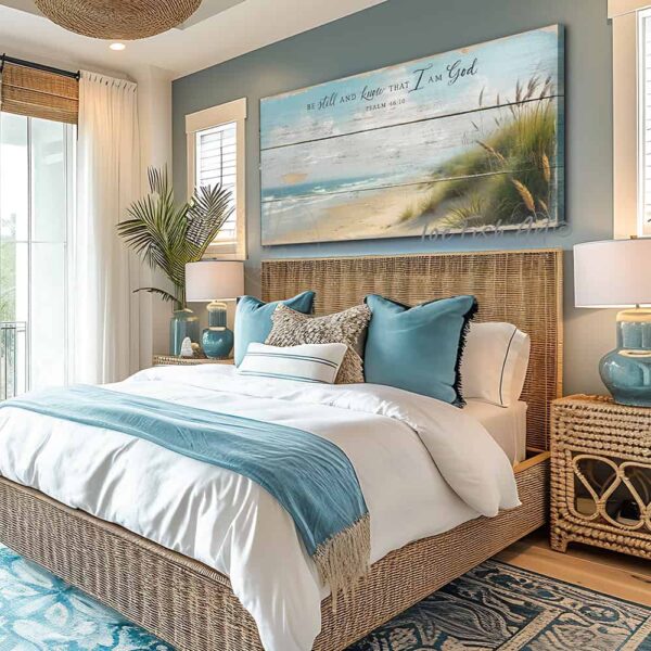 Toe Fish Art's "Be Still and Know that I am God" Christian Faith vintage-inspired painting wall art designed in worn reclaimed wood coastal beach style, depicting the powerful bible verse Psalm 46-10. Rustic country farmhouse meets nautical beach cottage style, handcrafted in durable high-quality canvas or outdoor weatherproof solid aluminum metal, handmade in the USA from start to finish! Beautiful, stylish and timeless coastal cottagecore wall decor painting. Handcrafted in the USA by ToeFishArt, and built to last a lifetime by the Toe Fish Art family artisans. This beautiful original landscape painting of soft aqua blue waves gently lapping the windswept sandy beach dotted with green and gold sea oats adds unique eye-catching decor indoors or outdoors. Add instant outdoor curb appeal to your beach themed home or vacation house! Perfect for your porch, entryway, patio, lanai, deck, veranda, living room, fireplace hearth or mantel, wall hanging or shelf sitter, dining room or bedroom. This painting is a beautiful and inspiring reminder of Christian faith and God's enduring love. Original, custom, personalized wall decor signs. Canvas, Wood or Metal. Rustic modern farmhouse, cottagecore, vintage, retro, industrial, Americana, primitive, country, coastal, minimalist. Toe Fish Art is a USA small family woman owned business making beautiful decor since 1997.