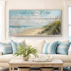 Toe Fish Art's "Be Still and Know that I am God" Christian Faith vintage-inspired painting wall art designed in worn reclaimed wood coastal beach style, depicting the powerful bible verse Psalm 46-10. Rustic country farmhouse meets nautical beach cottage style, handcrafted in durable high-quality canvas or outdoor weatherproof solid aluminum metal, handmade in the USA from start to finish! Beautiful, stylish and timeless coastal cottagecore wall decor painting. Handcrafted in the USA by ToeFishArt, and built to last a lifetime by the Toe Fish Art family artisans. This beautiful original landscape painting of soft aqua blue waves gently lapping the windswept sandy beach dotted with green and gold sea oats adds unique eye-catching decor indoors or outdoors. Add instant outdoor curb appeal to your beach themed home or vacation house! Perfect for your porch, entryway, patio, lanai, deck, veranda, living room, fireplace hearth or mantel, wall hanging or shelf sitter, dining room or bedroom. This painting is a beautiful and inspiring reminder of Christian faith and God's enduring love. Original, custom, personalized wall decor signs. Canvas, Wood or Metal. Rustic modern farmhouse, cottagecore, vintage, retro, industrial, Americana, primitive, country, coastal, minimalist. Toe Fish Art is a USA small family woman owned business making beautiful decor since 1997.