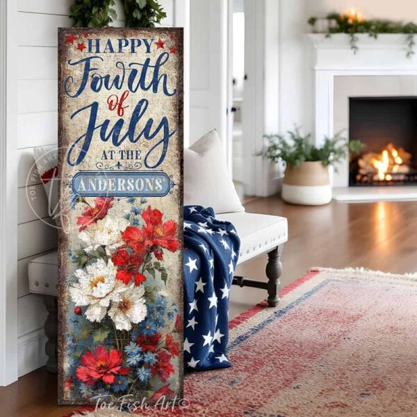 Toe Fish Art's vintage-inspired Personalized Fourth of July sign featuring the artistically hand-lettered design 'Happy Fourth of July at the *Your Family Name*.' Available in canvas or outdoor waterproof metal, this patriotic family name entry door porch greeter sign showcases a vibrant floral painting with red, white, and blue accents, perfect for festive outdoor summer decoration. Perfect for Memorial Day, Independence Day, all summer long, this vertical porch leaner wall art displays a charming rustic cottage farmhouse style, perfect for enhancing your American pride USA themed decor. This artwork is available in framed canvas or outdoor metal, perfect for your porch, entryway, front door, foyer, garden, courtyard, patio, or deck. Nostalgic and festive with a vintage country cottagecore style.–Toe Fish Art's artisan-made framed canvas or outdoor waterproof metal wall decor, expertly made with All-American-sourced materials. This premium, handcrafted piece can be customized to fit your style. Built to last with genuine craftsmanship, this nostalgic, heirloom decor adds rustic charm and heritage quality to any space. Made in the USA with durable, authentic materials for a beautiful and meaningful display to last year after year. Rustic country charm meets Modern Farmhouse Cottagecore wall decor handcrafted in durable high-quality framed canvas or outdoor weatherproof solid aluminum metal, handmade in the USA from start to finish! Beautiful, stylish and timeless wall decor artwork. Handcrafted in the USA by ToeFishArt, and built to last a lifetime by the Toe Fish Art family artisans. This beautiful original artwork adds unique eye-catching decor indoors or outdoors. Add instant outdoor holiday curb appeal to your home! This special summer holiday decoration is a beautiful reminder of summer fun, fireworks, and relaxation. Original, custom, personalized wall decor signs. Canvas, Wood or Metal. Rustic modern farmhouse, cottagecore, vintage, retro, industrial, Americana, primitive, country, coastal, minimalist. Toe Fish Art is a USA small family woman owned business making beautiful decor since 1997.
