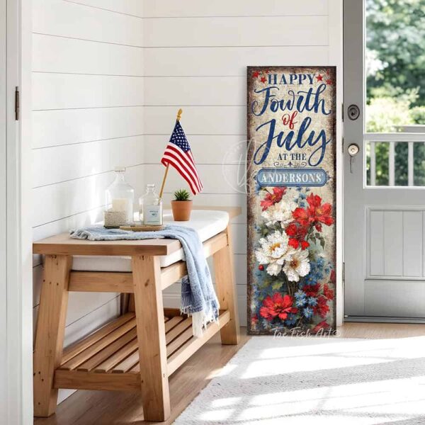 Toe Fish Art's vintage-inspired Personalized Fourth of July sign featuring the artistically hand-lettered design 'Happy Fourth of July at the *Your Family Name*.' Available in canvas or outdoor waterproof metal, this patriotic family name entry door porch greeter sign showcases a vibrant floral painting with red, white, and blue accents, perfect for festive outdoor summer decoration. Perfect for Memorial Day, Independence Day, all summer long, this vertical porch leaner wall art displays a charming rustic cottage farmhouse style, perfect for enhancing your American pride USA themed decor. This artwork is available in framed canvas or outdoor metal, perfect for your porch, entryway, front door, foyer, garden, courtyard, patio, or deck. Nostalgic and festive with a vintage country cottagecore style.–Toe Fish Art's artisan-made framed canvas or outdoor waterproof metal wall decor, expertly made with All-American-sourced materials. This premium, handcrafted piece can be customized to fit your style. Built to last with genuine craftsmanship, this nostalgic, heirloom decor adds rustic charm and heritage quality to any space. Made in the USA with durable, authentic materials for a beautiful and meaningful display to last year after year. Rustic country charm meets Modern Farmhouse Cottagecore wall decor handcrafted in durable high-quality framed canvas or outdoor weatherproof solid aluminum metal, handmade in the USA from start to finish! Beautiful, stylish and timeless wall decor artwork. Handcrafted in the USA by ToeFishArt, and built to last a lifetime by the Toe Fish Art family artisans. This beautiful original artwork adds unique eye-catching decor indoors or outdoors. Add instant outdoor holiday curb appeal to your home! This special summer holiday decoration is a beautiful reminder of summer fun, fireworks, and relaxation. Original, custom, personalized wall decor signs. Canvas, Wood or Metal. Rustic modern farmhouse, cottagecore, vintage, retro, industrial, Americana, primitive, country, coastal, minimalist. Toe Fish Art is a USA small family woman owned business making beautiful decor since 1997.