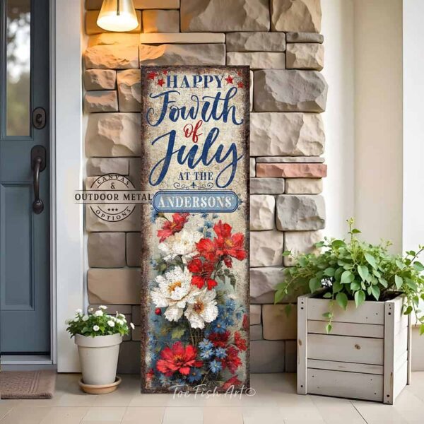 Toe Fish Art's vintage-inspired Personalized Fourth of July sign featuring the artistically hand-lettered design 'Happy Fourth of July at the *Your Family Name*.' Available in canvas or outdoor waterproof metal, this patriotic family name entry door porch greeter sign showcases a vibrant floral painting with red, white, and blue accents, perfect for festive outdoor summer decoration. Perfect for Memorial Day, Independence Day, all summer long, this vertical porch leaner wall art displays a charming rustic cottage farmhouse style, perfect for enhancing your American pride USA themed decor. This artwork is available in framed canvas or outdoor metal, perfect for your porch, entryway, front door, foyer, garden, courtyard, patio, or deck. Nostalgic and festive with a vintage country cottagecore style.–Toe Fish Art's artisan-made framed canvas or outdoor waterproof metal wall decor, expertly made with All-American-sourced materials. This premium, handcrafted piece can be customized to fit your style. Built to last with genuine craftsmanship, this nostalgic, heirloom decor adds rustic charm and heritage quality to any space. Made in the USA with durable, authentic materials for a beautiful and meaningful display to last year after year. Rustic country charm meets Modern Farmhouse Cottagecore wall decor handcrafted in durable high-quality framed canvas or outdoor weatherproof solid aluminum metal, handmade in the USA from start to finish! Beautiful, stylish and timeless wall decor artwork. Handcrafted in the USA by ToeFishArt, and built to last a lifetime by the Toe Fish Art family artisans. This beautiful original artwork adds unique eye-catching decor indoors or outdoors. Add instant outdoor holiday curb appeal to your home! This special summer holiday decoration is a beautiful reminder of summer fun, fireworks, and relaxation. Original, custom, personalized wall decor signs. Canvas, Wood or Metal. Rustic modern farmhouse, cottagecore, vintage, retro, industrial, Americana, primitive, country, coastal, minimalist. Toe Fish Art is a USA small family woman owned business making beautiful decor since 1997.