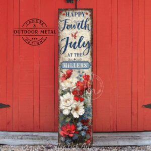 Toe Fish Art's vintage-inspired Personalized Fourth of July sign featuring the artistically hand-lettered design 'Happy Fourth of July at the *Your Family Name*.' Available in canvas or outdoor waterproof metal, this patriotic family name entry door porch greeter sign showcases a vibrant floral painting with red, white, and blue accents, perfect for festive outdoor summer decoration. Perfect for Memorial Day, Independence Day, all summer long, this vertical porch leaner wall art displays a charming rustic cottage farmhouse style, perfect for enhancing your American pride USA themed decor. This artwork is available in framed canvas or outdoor metal, perfect for your porch, entryway, front door, foyer, garden, courtyard, patio, or deck. Nostalgic and festive with a vintage country cottagecore style.–Toe Fish Art's artisan-made framed canvas or outdoor waterproof metal wall decor, expertly made with All-American-sourced materials. This premium, handcrafted piece can be customized to fit your style. Built to last with genuine craftsmanship, this nostalgic, heirloom decor adds rustic charm and heritage quality to any space. Made in the USA with durable, authentic materials for a beautiful and meaningful display to last year after year. Rustic country charm meets Modern Farmhouse Cottagecore wall decor handcrafted in durable high-quality framed canvas or outdoor weatherproof solid aluminum metal, handmade in the USA from start to finish! Beautiful, stylish and timeless wall decor artwork. Handcrafted in the USA by ToeFishArt, and built to last a lifetime by the Toe Fish Art family artisans. This beautiful original artwork adds unique eye-catching decor indoors or outdoors. Add instant outdoor holiday curb appeal to your home! This special summer holiday decoration is a beautiful reminder of summer fun, fireworks, and relaxation. Original, custom, personalized wall decor signs. Canvas, Wood or Metal. Rustic modern farmhouse, cottagecore, vintage, retro, industrial, Americana, primitive, country, coastal, minimalist. Toe Fish Art is a USA small family woman owned business making beautiful decor since 1997.