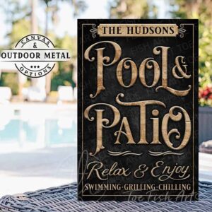 Toe Fish Art's Personalizable Pool & Patio sign available as a framed canvas or outdoor waterproof & rustproof metal print. This vertically oriented design features a classy and sleek vintage slate black background with woodgrain-style printed lettering. Sign sayings include 'Relax & Enjoy' and 'Swimming Grilling Chilling,' perfect for enhancing outdoor living spaces. This printed sign showcases a unique family name design, ideal for upgrading your pool patio, outdoor bar & lounge area, or spa oasis with a personal touch. Customized sign, personalized with family name or favorite saying, or your custom wording. Available in a wide array of sizes. Toe Fish Art's artisan-made wall decor is expertly made with American-sourced materials. This premium, handcrafted piece can be customized to fit your style. Built to last with genuine craftsmanship, this heirloom decor adds vintage cottage coastal farmhouse charm and heritage quality to any space. Made in the USA with durable, authentic materials for a beautiful and meaningful display to last year after year. Modern Farmhouse Cottagecore wall decor handcrafted in durable high-quality framed canvas or indoor-outdoor weatherproof solid aluminum metal, handmade in the USA from start to finish! Beautiful, stylish and timeless wall decor artwork. Handmade in the USA by ToeFishArt, and built to last a lifetime by the Toe Fish Art family artisans. This beautiful original artwork adds unique eye-catching decor indoors or outdoors. Perfect for any outdoor entertaining space. This special decoration is a fun way to celebrate in style with family and friends. Original, custom, personalized wall decor signs. Canvas, Wood or Metal. Rustic modern farmhouse, cottagecore, vintage, retro, industrial, Americana, primitive, country, coastal, minimalist. Toe Fish Art is a USA small family woman owned business making beautiful decor since 1997.
