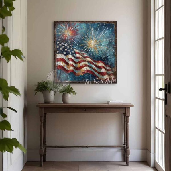 Toe Fish Art's vintage-inspired 4th of July patriotic wall art painting featuring a large American flag waving against a blue evening sky, as fireworks burst and sparkle overhead! You'll treasure the vibrant red, white, and blue stars and stripes in this meaningful work of art that's perfect for Independence Day and Summer decorations, or show off your American pride all year long! This square-shaped wall art displays a charming cottage farmhouse style, perfect for enhancing your Memorial Day, Fourth of July and Summer decor. This artwork is available in framed canvas or outdoor metal, perfect for porch, entryway, garden, kitchen, guest bedroom, patio and living room decorations. Makes a charming fireplace mantel or hearth shelf sitter! Quaint and festive with a vintage-inspired cottagecore style. Toe Fish Art's artisan-made framed canvas or outdoor waterproof metal wall decor, expertly made with All-American-sourced materials. This premium, handcrafted piece can be customized to fit your style. Built to last with genuine craftsmanship, this nostalgic, heirloom decor adds rustic charm and heritage quality to any space. Made in the USA with durable, authentic materials for a beautiful and meaningful display to last year after year. Rustic country charm meets Modern Farmhouse Cottagecore wall decor handcrafted in durable high-quality framed canvas or outdoor weatherproof solid aluminum metal, handmade in the USA from start to finish! Beautiful, stylish and timeless wall decor artwork. Handcrafted in the USA by ToeFishArt, and built to last a lifetime by the Toe Fish Art family artisans. This beautiful original artwork adds unique eye-catching decor indoors or outdoors. Add instant outdoor holiday curb appeal to your home! This special summer holiday decoration is a beautiful reminder of summer fun, family time, and relaxation. Original, custom, personalized wall decor signs. Canvas, Wood or Metal. Rustic modern farmhouse, cottagecore, vintage, retro, industrial, Americana, primitive, country, coastal, minimalist. Toe Fish Art is a USA small family woman owned business making beautiful decor since 1997.