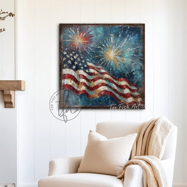 Toe Fish Art's vintage-inspired 4th of July patriotic wall art painting featuring a large American flag waving against a blue evening sky, as fireworks burst and sparkle overhead! You'll treasure the vibrant red, white, and blue stars and stripes in this meaningful work of art that's perfect for Independence Day and Summer decorations, or show off your American pride all year long! This square-shaped wall art displays a charming cottage farmhouse style, perfect for enhancing your Memorial Day, Fourth of July and Summer decor. This artwork is available in framed canvas or outdoor metal, perfect for porch, entryway, garden, kitchen, guest bedroom, patio and living room decorations. Makes a charming fireplace mantel or hearth shelf sitter! Quaint and festive with a vintage-inspired cottagecore style. Toe Fish Art's artisan-made framed canvas or outdoor waterproof metal wall decor, expertly made with All-American-sourced materials. This premium, handcrafted piece can be customized to fit your style. Built to last with genuine craftsmanship, this nostalgic, heirloom decor adds rustic charm and heritage quality to any space. Made in the USA with durable, authentic materials for a beautiful and meaningful display to last year after year. Rustic country charm meets Modern Farmhouse Cottagecore wall decor handcrafted in durable high-quality framed canvas or outdoor weatherproof solid aluminum metal, handmade in the USA from start to finish! Beautiful, stylish and timeless wall decor artwork. Handcrafted in the USA by ToeFishArt, and built to last a lifetime by the Toe Fish Art family artisans. This beautiful original artwork adds unique eye-catching decor indoors or outdoors. Add instant outdoor holiday curb appeal to your home! This special summer holiday decoration is a beautiful reminder of summer fun, family time, and relaxation. Original, custom, personalized wall decor signs. Canvas, Wood or Metal. Rustic modern farmhouse, cottagecore, vintage, retro, industrial, Americana, primitive, country, coastal, minimalist. Toe Fish Art is a USA small family woman owned business making beautiful decor since 1997.