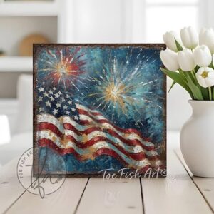 Toe Fish Art's vintage-inspired 4th of July patriotic wall art painting featuring a large American flag waving against a blue evening sky, as fireworks burst and sparkle overhead! You'll treasure the vibrant red, white, and blue stars and stripes in this meaningful work of art that's perfect for Independence Day and Summer decorations, or show off your American pride all year long! This square-shaped wall art displays a charming cottage farmhouse style, perfect for enhancing your Memorial Day, Fourth of July and Summer decor. This artwork is available in framed canvas or outdoor metal, perfect for porch, entryway, garden, kitchen, guest bedroom, patio and living room decorations. Makes a charming fireplace mantel or hearth shelf sitter! Quaint and festive with a vintage-inspired cottagecore style. Toe Fish Art's artisan-made framed canvas or outdoor waterproof metal wall decor, expertly made with All-American-sourced materials. This premium, handcrafted piece can be customized to fit your style. Built to last with genuine craftsmanship, this nostalgic, heirloom decor adds rustic charm and heritage quality to any space. Made in the USA with durable, authentic materials for a beautiful and meaningful display to last year after year. Rustic country charm meets Modern Farmhouse Cottagecore wall decor handcrafted in durable high-quality framed canvas or outdoor weatherproof solid aluminum metal, handmade in the USA from start to finish! Beautiful, stylish and timeless wall decor artwork. Handcrafted in the USA by ToeFishArt, and built to last a lifetime by the Toe Fish Art family artisans. This beautiful original artwork adds unique eye-catching decor indoors or outdoors. Add instant outdoor holiday curb appeal to your home! This special summer holiday decoration is a beautiful reminder of summer fun, family time, and relaxation. Original, custom, personalized wall decor signs. Canvas, Wood or Metal. Rustic modern farmhouse, cottagecore, vintage, retro, industrial, Americana, primitive, country, coastal, minimalist. Toe Fish Art is a USA small family woman owned business making beautiful decor since 1997.
