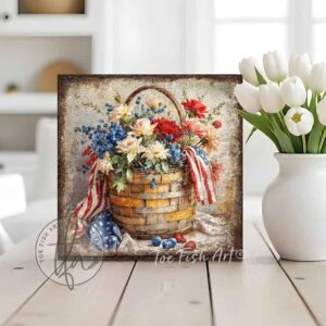 Toe Fish Art's vintage-inspired 4th of July wall art painting featuring a rustic woven basket filled with red, white, and blue flowers, American flags, and patriotic accents, surrounded by blueberries and strawberries, perfect for Independence Day and Summer decorations. This square-shaped wall art displays a charming cottage farmhouse style, perfect for enhancing your Memorial Day, Fourth of July and Summer decor. This artwork is available in framed canvas or outdoor metal, perfect for porch, entryway, garden, kitchen, guest bedroom, patio and living room decorations. Makes a charming fireplace mantel or hearth shelf sitter! Quaint and festive with a vintage-inspired cottagecore style. Toe Fish Art's artisan-made framed canvas or outdoor waterproof metal wall decor, expertly made with All-American-sourced materials. This premium, handcrafted piece can be customized to fit your style. Built to last with genuine craftsmanship, this nostalgic, heirloom decor adds rustic charm and heritage quality to any space. Made in the USA with durable, authentic materials for a beautiful and meaningful display to last year after year. Rustic country charm meets Modern Farmhouse Cottagecore wall decor handcrafted in durable high-quality framed canvas or outdoor weatherproof solid aluminum metal, handmade in the USA from start to finish! Beautiful, stylish and timeless wall decor artwork. Handcrafted in the USA by ToeFishArt, and built to last a lifetime by the Toe Fish Art family artisans. This beautiful original artwork adds unique eye-catching decor indoors or outdoors. Add instant outdoor holiday curb appeal to your home! This special summer holiday decoration is a beautiful reminder of summer fun and relaxation. Original, custom, personalized wall decor signs. Canvas, Wood or Metal. Rustic modern farmhouse, cottagecore, vintage, retro, industrial, Americana, primitive, country, coastal, minimalist. Toe Fish Art is a USA small family woman owned business making beautiful decor since 1997.