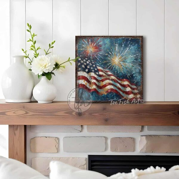 Toe Fish Art's vintage-inspired 4th of July patriotic wall art painting featuring a large American flag waving against a blue evening sky, as fireworks burst and sparkle overhead! You'll treasure the vibrant red, white, and blue stars and stripes in this meaningful work of art that's perfect for Independence Day and Summer decorations, or show off your American pride all year long! This square-shaped wall art displays a charming cottage farmhouse style, perfect for enhancing your Memorial Day, Fourth of July and Summer decor. This artwork is available in framed canvas or outdoor metal, perfect for porch, entryway, garden, kitchen, guest bedroom, patio and living room decorations. Makes a charming fireplace mantel or hearth shelf sitter! Quaint and festive with a vintage-inspired cottagecore style. Toe Fish Art's artisan-made framed canvas or outdoor waterproof metal wall decor, expertly made with All-American-sourced materials. This premium, handcrafted piece can be customized to fit your style. Built to last with genuine craftsmanship, this nostalgic, heirloom decor adds rustic charm and heritage quality to any space. Made in the USA with durable, authentic materials for a beautiful and meaningful display to last year after year. Rustic country charm meets Modern Farmhouse Cottagecore wall decor handcrafted in durable high-quality framed canvas or outdoor weatherproof solid aluminum metal, handmade in the USA from start to finish! Beautiful, stylish and timeless wall decor artwork. Handcrafted in the USA by ToeFishArt, and built to last a lifetime by the Toe Fish Art family artisans. This beautiful original artwork adds unique eye-catching decor indoors or outdoors. Add instant outdoor holiday curb appeal to your home! This special summer holiday decoration is a beautiful reminder of summer fun, family time, and relaxation. Original, custom, personalized wall decor signs. Canvas, Wood or Metal. Rustic modern farmhouse, cottagecore, vintage, retro, industrial, Americana, primitive, country, coastal, minimalist. Toe Fish Art is a USA small family woman owned business making beautiful decor since 1997.