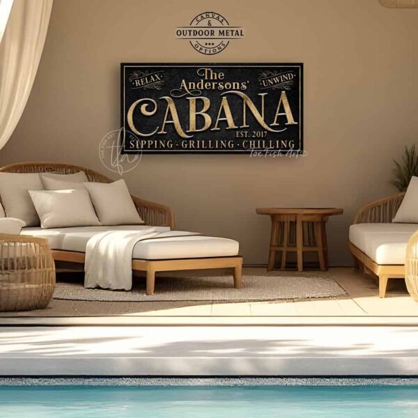 Welcome to the Cabana personalized wall sign by Toe Fish Art in vintage black with rustic gold lettering, available in framed canvas or waterproof outdoor metal, with custom family name and established year, and fun sayings like Relax & Unwind, Sipping-Grilling-Chilling—charming pool, spa, beach, lake, or patio decor handmade in the USA. Ideal for enhancing your outdoor summer decor. Built to last with genuine craftsmanship, this authentic sign adds classic cottage charm and heritage quality to any space.