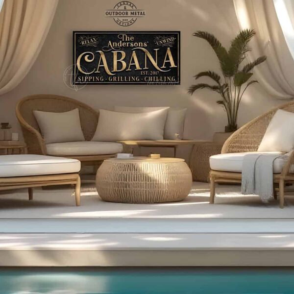 Welcome to the Cabana personalized wall sign by Toe Fish Art in vintage black with rustic gold lettering, available in framed canvas or waterproof outdoor metal, with custom family name and established year, and fun sayings like Relax & Unwind, Sipping-Grilling-Chilling—charming pool, spa, beach, lake, or patio decor handmade in the USA. Ideal for enhancing your outdoor summer decor. Built to last with genuine craftsmanship, this authentic sign adds classic cottage charm and heritage quality to any space.