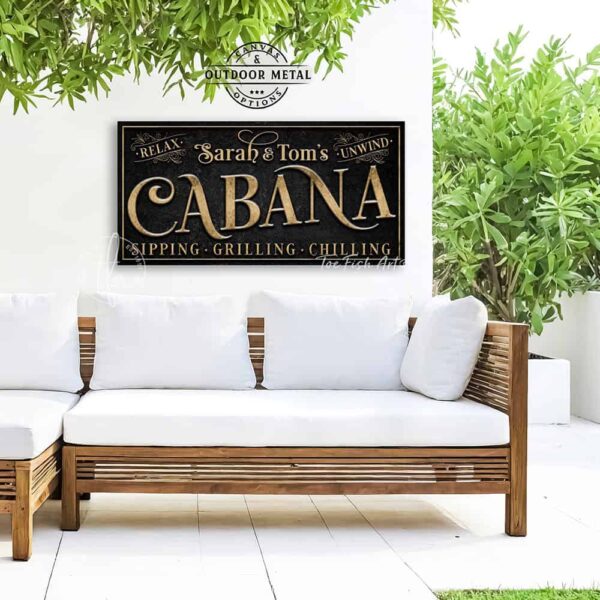 Welcome to the Cabana personalized wall sign by Toe Fish Art in vintage black with rustic gold lettering, available in framed canvas or waterproof outdoor metal, with custom family name and established year, and fun sayings like Relax & Unwind, Sipping-Grilling-Chilling—charming pool, spa, beach, lake, or patio decor handmade in the USA. Ideal for enhancing your outdoor summer decor. Built to last with genuine craftsmanship, this authentic sign adds classic cottage charm and heritage quality to any space.