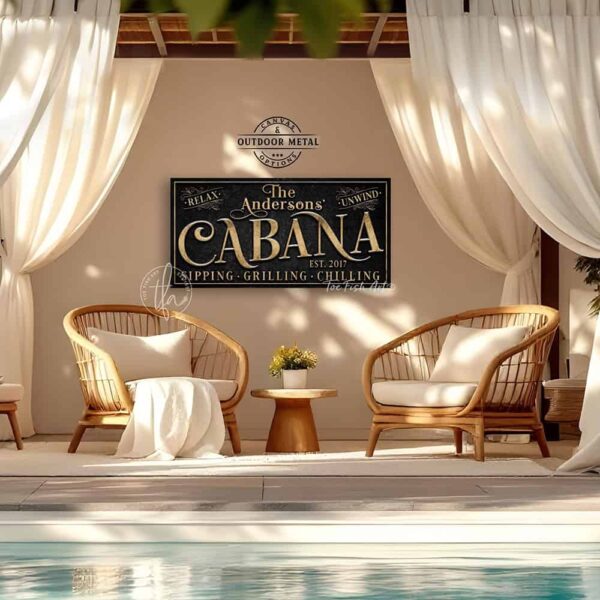 Welcome to the Cabana personalized wall sign by Toe Fish Art in vintage black with rustic gold lettering, available in framed canvas or waterproof outdoor metal, with custom family name and established year, and fun sayings like Relax & Unwind, Sipping-Grilling-Chilling—charming pool, spa, beach, lake, or patio decor handmade in the USA. Ideal for enhancing your outdoor summer decor. Built to last with genuine craftsmanship, this authentic sign adds classic cottage charm and heritage quality to any space.