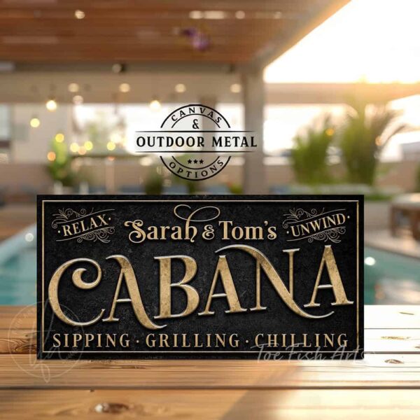 Welcome to the Cabana personalized wall sign by Toe Fish Art in vintage black with rustic gold lettering, available in framed canvas or waterproof outdoor metal, with custom family name and established year, and fun sayings like Relax & Unwind, Sipping-Grilling-Chilling—charming pool, spa, beach, lake, or patio decor handmade in the USA. Ideal for enhancing your outdoor summer decor. Built to last with genuine craftsmanship, this authentic sign adds classic cottage charm and heritage quality to any space.