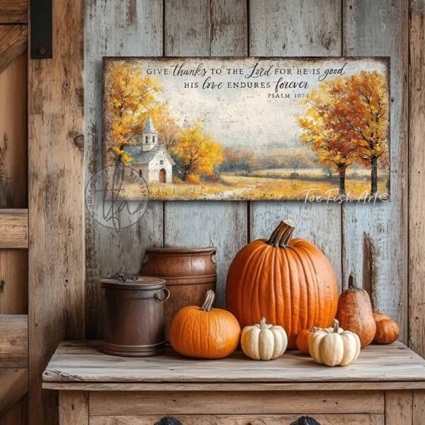 Toe Fish Art's Faith-inspired wall art featuring Psalm 107:1 ‘Give thanks to the Lord for He is good, His love endures forever’ hand-lettered on a rustic country church scene surrounded by golden autumn trees landscape painting. Handmade in the USA and constructed in framed canvas or waterproof outdoor metal. Vintage fall colors, perfect for Christian home décor, Thanksgiving, or seasonal autumn cottagecore decor.
