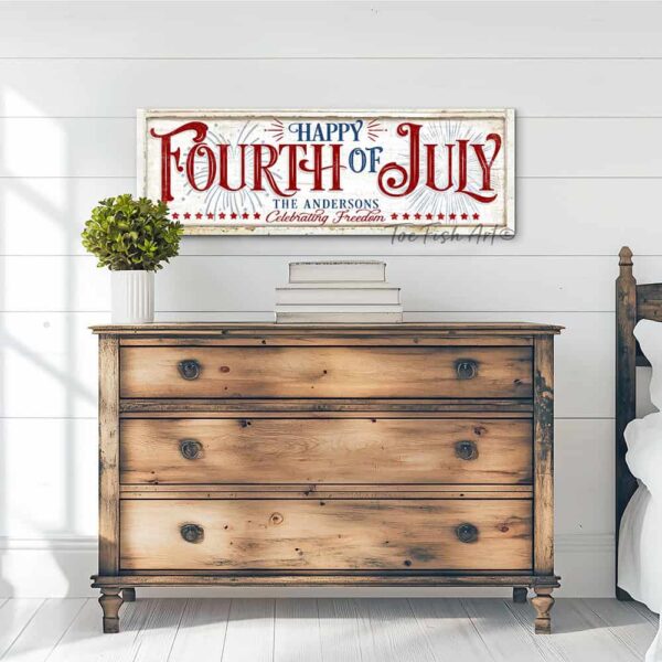 Toe Fish Art's personalized 'Happy Fourth of July' wall decor sign featuring a vintage-inspired design, and showcasing your family name with the phrase 'Celebrating Freedom.' This red, white, and blue Independence Day decoration is available in durable framed canvas, handmade in the USA from start to finish, perfect for enhancing your patriotic theme, July 4th parties, and summer decor. Built to last with genuine craftsmanship, this authentic sign adds rustic charm and heritage quality to any home.