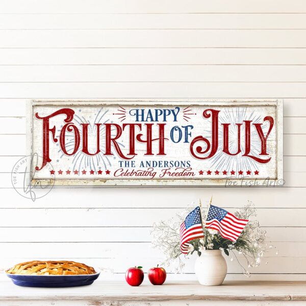 Toe Fish Art's personalized 'Happy Fourth of July' wall decor sign featuring a vintage-inspired design, and showcasing your family name with the phrase 'Celebrating Freedom.' This red, white, and blue Independence Day decoration is available in durable framed canvas, handmade in the USA from start to finish, perfect for enhancing your patriotic theme, July 4th parties, and summer decor. Built to last with genuine craftsmanship, this authentic sign adds rustic charm and heritage quality to any home.