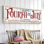 Toe Fish Art's personalized 'Happy Fourth of July' wall decor sign featuring a vintage-inspired design, and showcasing your family name with the phrase 'Celebrating Freedom.' This red, white, and blue Independence Day decoration is available in durable framed canvas, handmade in the USA from start to finish, perfect for enhancing your patriotic theme, July 4th parties, and summer decor. Built to last with genuine craftsmanship, this authentic sign adds rustic charm and heritage quality to any home.