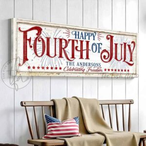 Toe Fish Art's personalized 'Happy Fourth of July' wall decor sign featuring a vintage-inspired design, and showcasing your family name with the phrase 'Celebrating Freedom.' This red, white, and blue Independence Day decoration is available in durable framed canvas, handmade in the USA from start to finish, perfect for enhancing your patriotic theme, July 4th parties, and summer decor. Built to last with genuine craftsmanship, this authentic sign adds rustic charm and heritage quality to any home.