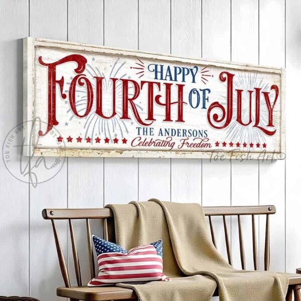 Toe Fish Art's personalized 'Happy Fourth of July' wall decor sign featuring a vintage-inspired design, and showcasing your family name with the phrase 'Celebrating Freedom.' This red, white, and blue Independence Day decoration is available in durable framed canvas, handmade in the USA from start to finish, perfect for enhancing your patriotic theme, July 4th parties, and summer decor. Built to last with genuine craftsmanship, this authentic sign adds rustic charm and heritage quality to any home.