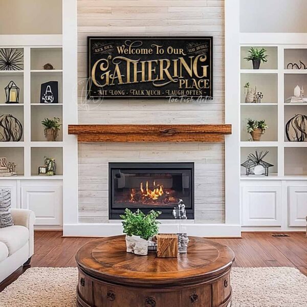 Toe Fish Art's customizable Gathering Place Sign available in framed canvas or outdoor waterproof metal, featuring fun wording options and personalized family name text. Designed in vintage black with rustic gold-style lettering for a sleek, classy look that fits any indoor or outdoor setting. This stylish wall decor is perfect for patios, porches, or entertaining spaces. Handmade in the USA and built to last with genuine craftsmanship, ideal for adding personality to your favorite gathering place.