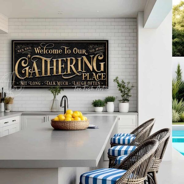 Toe Fish Art's customizable Gathering Place Sign available in framed canvas or outdoor waterproof metal, featuring fun wording options and personalized family name text. Designed in vintage black with rustic gold-style lettering for a sleek, classy look that fits any indoor or outdoor setting. This stylish wall decor is perfect for patios, porches, or entertaining spaces. Handmade in the USA and built to last with genuine craftsmanship, ideal for adding personality to your favorite gathering place.
