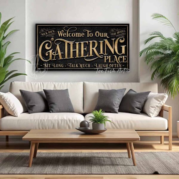 Toe Fish Art's customizable Gathering Place Sign available in framed canvas or outdoor waterproof metal, featuring fun wording options and personalized family name text. Designed in vintage black with rustic gold-style lettering for a sleek, classy look that fits any indoor or outdoor setting. This stylish wall decor is perfect for patios, porches, or entertaining spaces. Handmade in the USA and built to last with genuine craftsmanship, ideal for adding personality to your favorite gathering place.