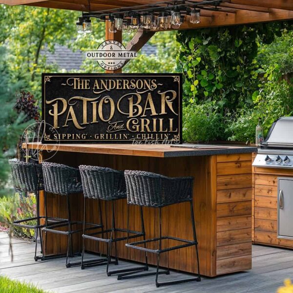 Personalized Welcome to the Patio Bar and Grill custom outdoor sign by Toe Fish Art, handmade in the USA in waterproof metal or framed canvas, vintage black and rustic gold, personalizable name, fun sayings like Sipping-Grilling-Chilling or your own custom text. Charming outdoor kitchen, bar, lounge, patio, lanai, porch, or pool deck spa decor. Ideal for upgrading your outdoor summer vibe. Built to last with genuine craftsmanship, this authentic sign adds classic charm and heritage quality to any space.