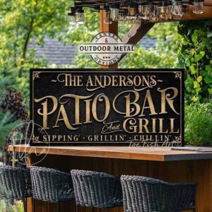 Personalized Welcome to the Patio Bar and Grill custom outdoor sign by Toe Fish Art, handmade in the USA in waterproof metal or framed canvas, vintage black and rustic gold, personalizable name, fun sayings like Sipping-Grilling-Chilling or your own custom text. Charming outdoor kitchen, bar, lounge, patio, lanai, porch, or pool deck spa decor. Ideal for upgrading your outdoor summer vibe. Built to last with genuine craftsmanship, this authentic sign adds classic charm and heritage quality to any space.