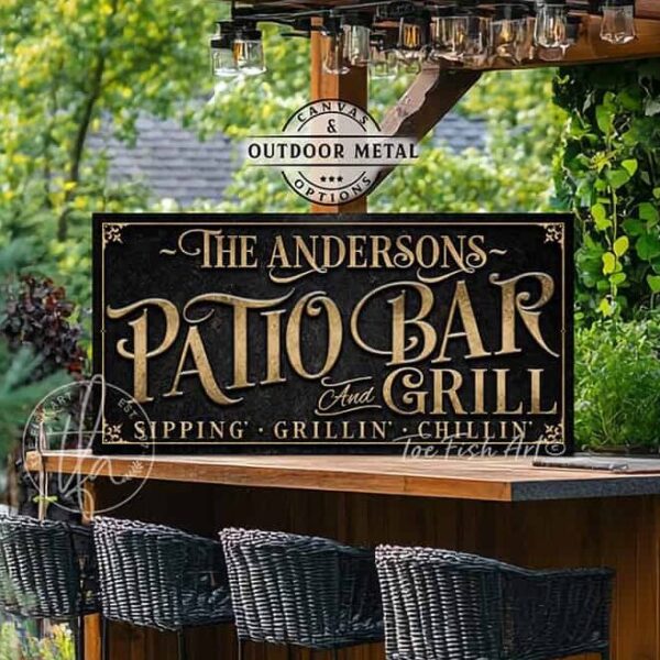 Personalized Welcome to the Patio Bar and Grill custom outdoor sign by Toe Fish Art, handmade in the USA in waterproof metal or framed canvas, vintage black and rustic gold, personalizable name, fun sayings like Sipping-Grilling-Chilling or your own custom text. Charming outdoor kitchen, bar, lounge, patio, lanai, porch, or pool deck spa decor. Ideal for upgrading your outdoor summer vibe. Built to last with genuine craftsmanship, this authentic sign adds classic charm and heritage quality to any space.