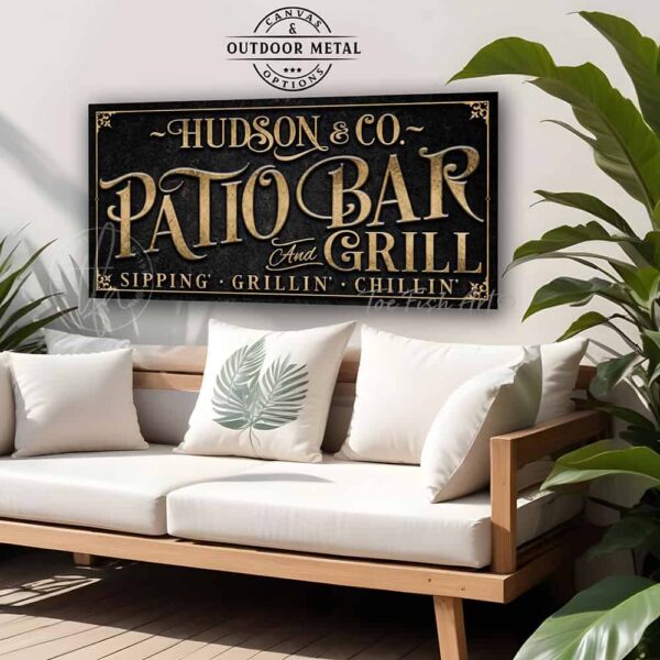 Personalized Welcome to the Patio Bar and Grill custom outdoor sign by Toe Fish Art, handmade in the USA in waterproof metal or framed canvas, vintage black and rustic gold, personalizable name, fun sayings like Sipping-Grilling-Chilling or your own custom text. Charming outdoor kitchen, bar, lounge, patio, lanai, porch, or pool deck spa decor. Ideal for upgrading your outdoor summer vibe. Built to last with genuine craftsmanship, this authentic sign adds classic charm and heritage quality to any space.