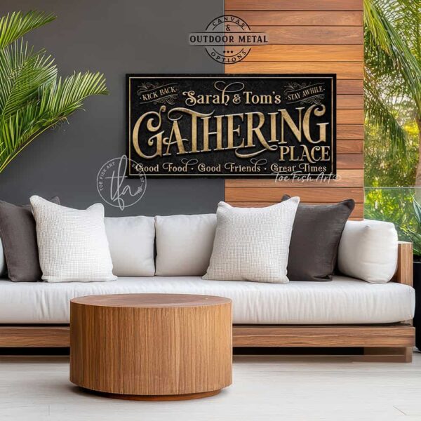 Toe Fish Art's customizable Gathering Place Sign available in framed canvas or outdoor waterproof metal, featuring fun wording options and personalized family name text. Designed in vintage black with rustic gold-style lettering for a sleek, classy look that fits any indoor or outdoor setting. This stylish wall decor is perfect for patios, porches, or entertaining spaces. Handmade in the USA and built to last with genuine craftsmanship, ideal for adding personality to your favorite gathering place.