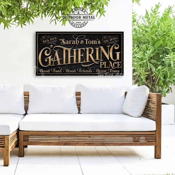 Toe Fish Art's customizable Gathering Place Sign available in framed canvas or outdoor waterproof metal, featuring fun wording options and personalized family name text. Designed in vintage black with rustic gold-style lettering for a sleek, classy look that fits any indoor or outdoor setting. This stylish wall decor is perfect for patios, porches, or entertaining spaces. Handmade in the USA and built to last with genuine craftsmanship, ideal for adding personality to your favorite gathering place.