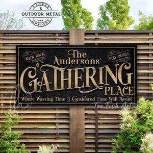 Toe Fish Art's customizable Gathering Place Sign available in framed canvas or outdoor waterproof metal, featuring fun wording options and personalized family name text. Designed in vintage black with rustic gold-style lettering for a sleek, classy look that fits any indoor or outdoor setting. This stylish wall decor is perfect for patios, porches, or entertaining spaces. Handmade in the USA and built to last with genuine craftsmanship, ideal for adding personality to your favorite gathering place.