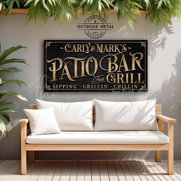 Personalized Welcome to the Patio Bar and Grill custom outdoor sign by Toe Fish Art, handmade in the USA in waterproof metal or framed canvas, vintage black and rustic gold, personalizable name, fun sayings like Sipping-Grilling-Chilling or your own custom text. Charming outdoor kitchen, bar, lounge, patio, lanai, porch, or pool deck spa decor. Ideal for upgrading your outdoor summer vibe. Built to last with genuine craftsmanship, this authentic sign adds classic charm and heritage quality to any space.