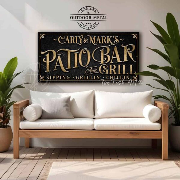 Personalized Welcome to the Patio Bar and Grill custom outdoor sign by Toe Fish Art, handmade in the USA in waterproof metal or framed canvas, vintage black and rustic gold, personalizable name, fun sayings like Sipping-Grilling-Chilling or your own custom text. Charming outdoor kitchen, bar, lounge, patio, lanai, porch, or pool deck spa decor. Ideal for upgrading your outdoor summer vibe. Built to last with genuine craftsmanship, this authentic sign adds classic charm and heritage quality to any space.