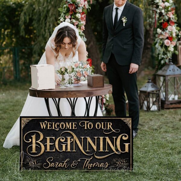 Welcome to Our Beginning personalized vintage-inspired wedding sign by Toe Fish Art, featuring couple’s names and date, gorgeous vintage black background with rustic gold lettering, available as framed canvas or outdoor waterproof metal — a unique, rustic chic wedding ceremony and reception keepsake decoration, designed and handcrafted in the USA. Ideal for indoor and outdoor spaces. Built to last with genuine craftsmanship, this authentic sign adds classic charm and heritage quality to your special day.